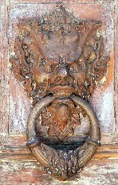 Vintage Architectural Salvage Wooden Door Fragment with Gargoyle Door Knocker