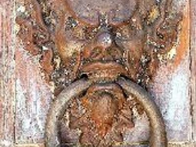 Vintage Architectural Salvage Wooden Door Fragment with Gargoyle Door Knocker