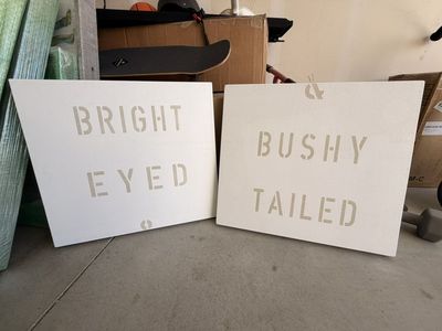 Sugarboo Decorative Wall Art Set: "Bright Eyed" & "Bushy Tailed" Wood Panels, Stenciled Text
