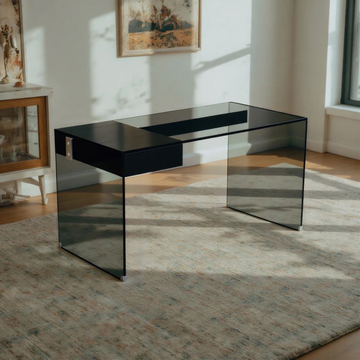 Modern Black Tempered Glass Desk – Hidden Drawer – Brand New