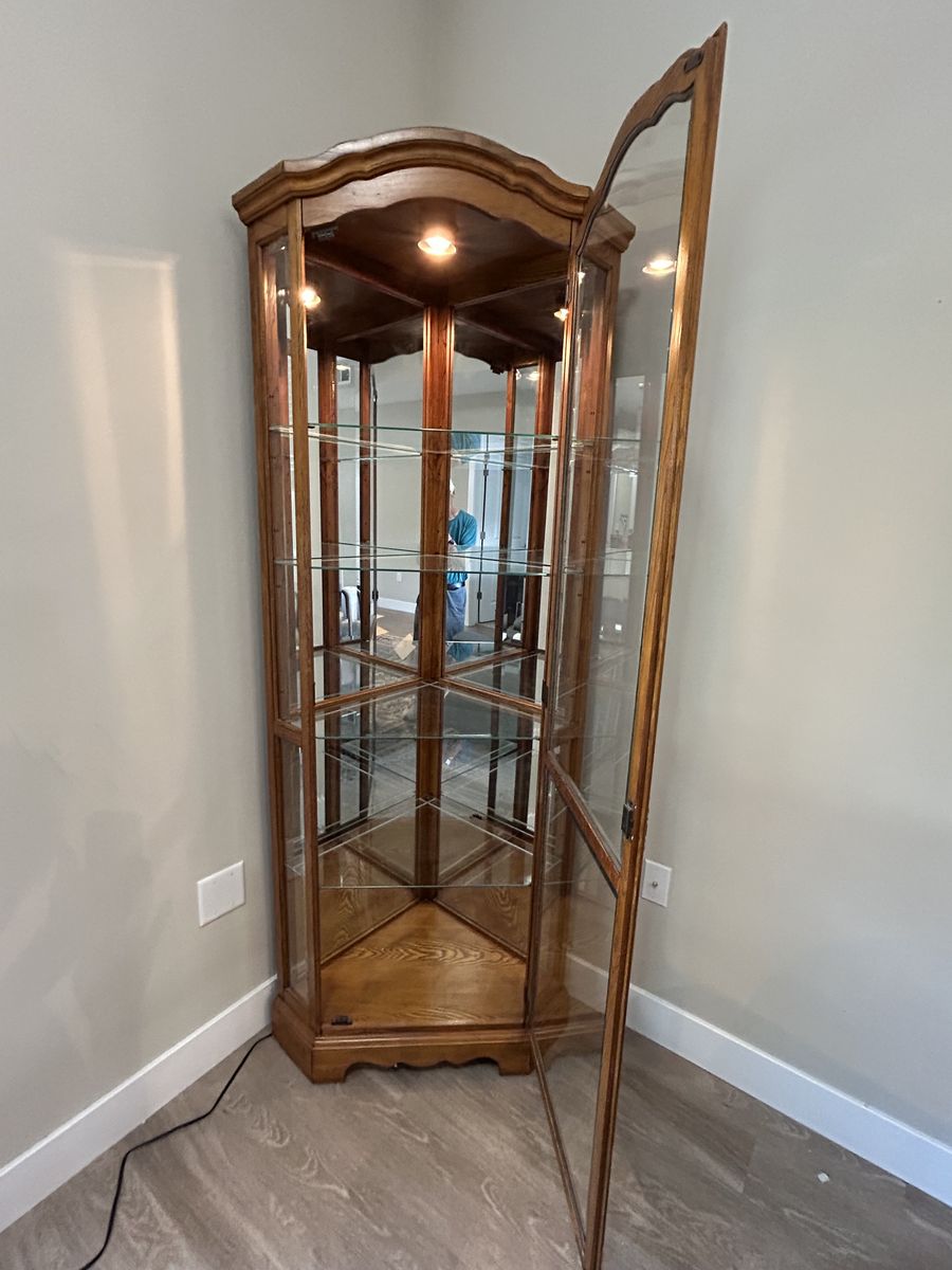 Solid Oak Lighted Corner Curio Cabinet with Beveled Glass, Mirrored Back, Glass Shelves & Key