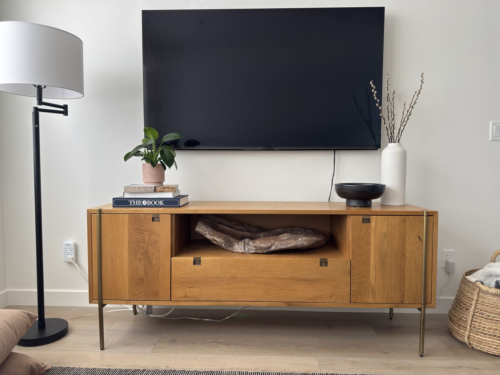 Oak Media Console / TV Stand – Mid-Century Modern with Brass Legs