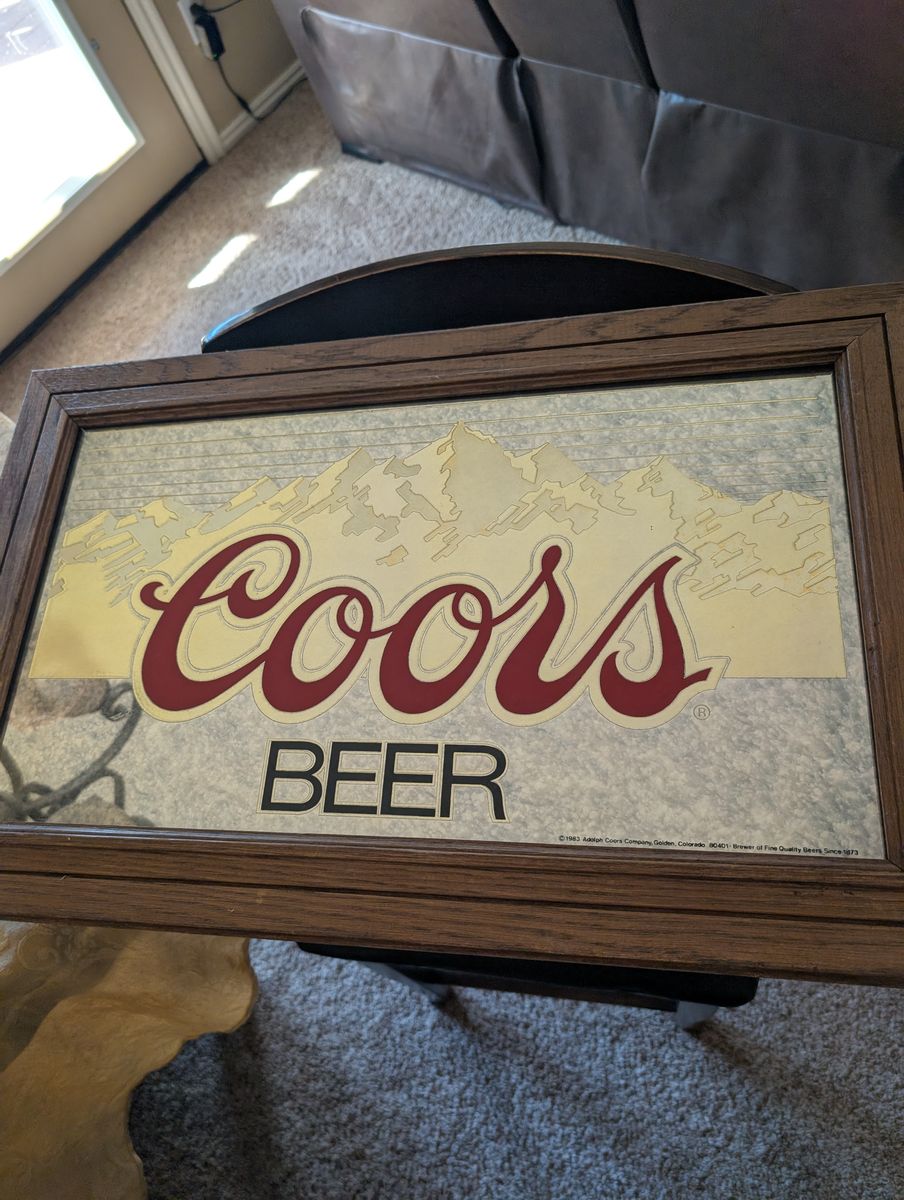 Vintage 1983 Coors Beer Framed Mirror Sign with Wooden Frame
