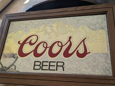 Vintage 1983 Coors Beer Framed Mirror Sign with Wooden Frame