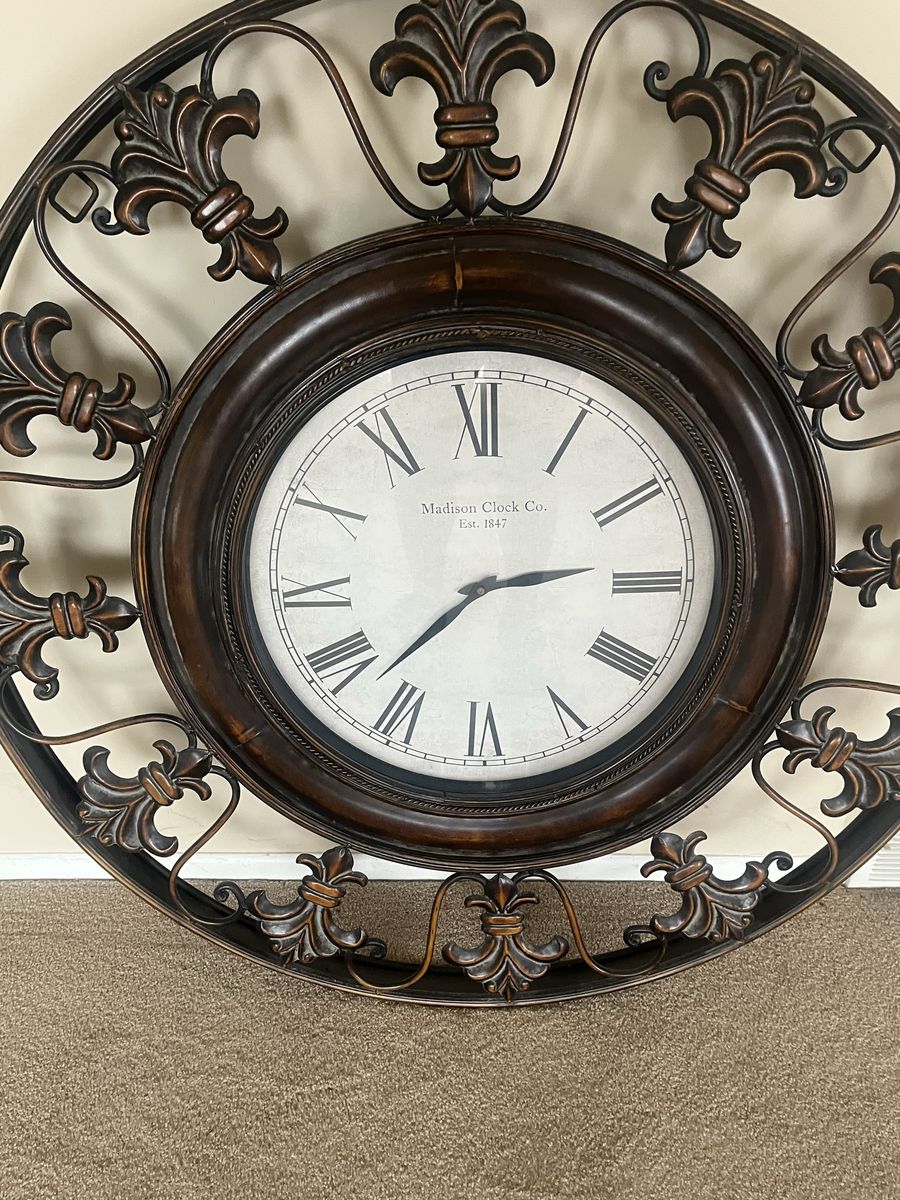Madison Clock Co. Large Metal Wall Clock with Fleur-de-Lis Frame