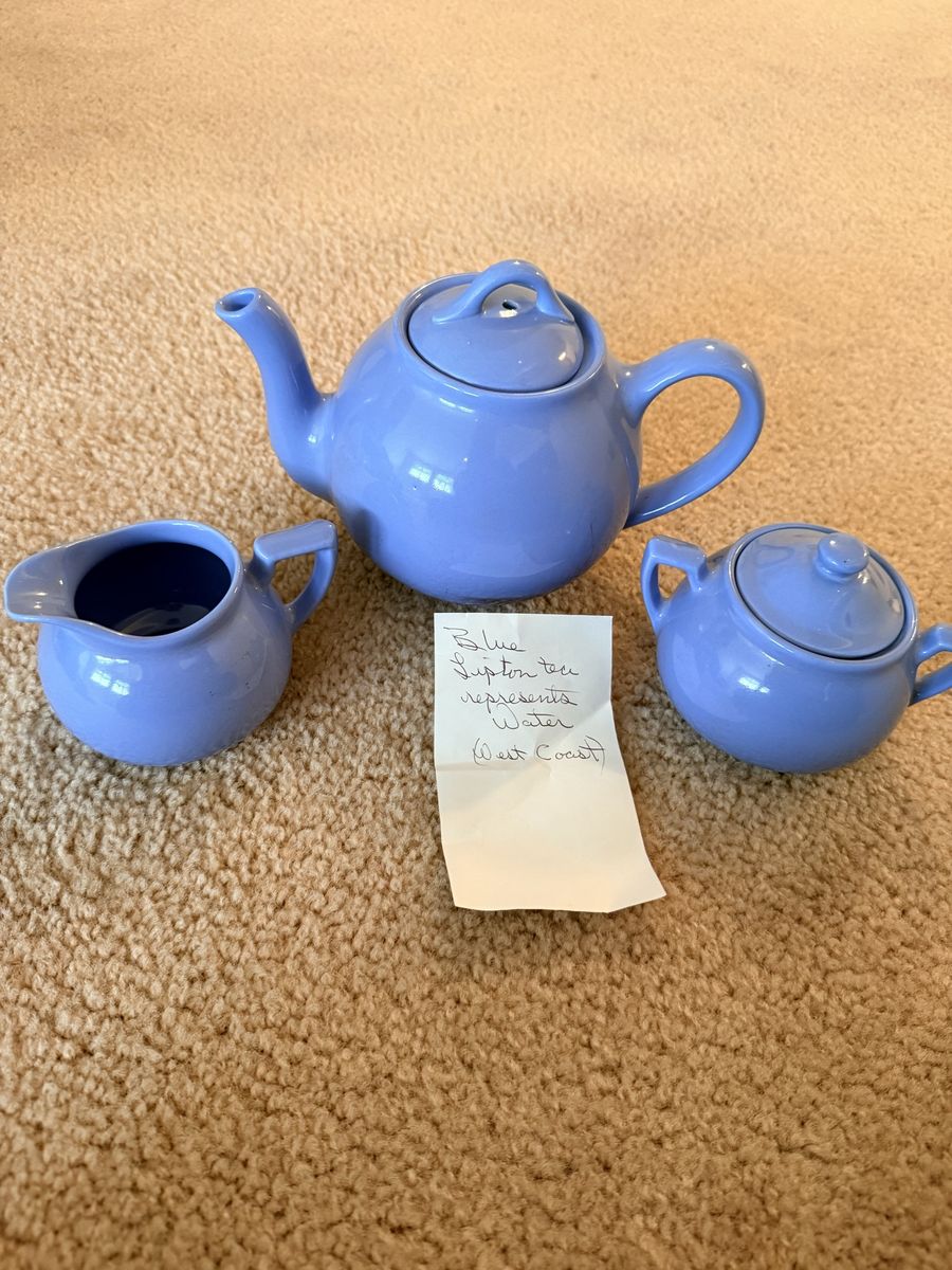 Lipton West Coast Blue Ceramic Teapot, Creamer, & Sugar Bowl Set - Water Representation