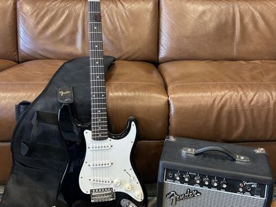 Squier by Fender Strat Electric Guitar Pack: Affinity Series HSS, Black, w/ Frontman 15G Amp & Accessories