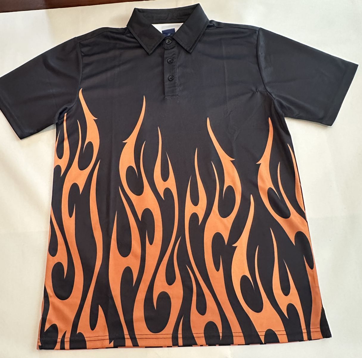 ReadyGOLF Polo Shirt Mens Medium Black Orange Flame Golf Performance Y2K Hot Rod