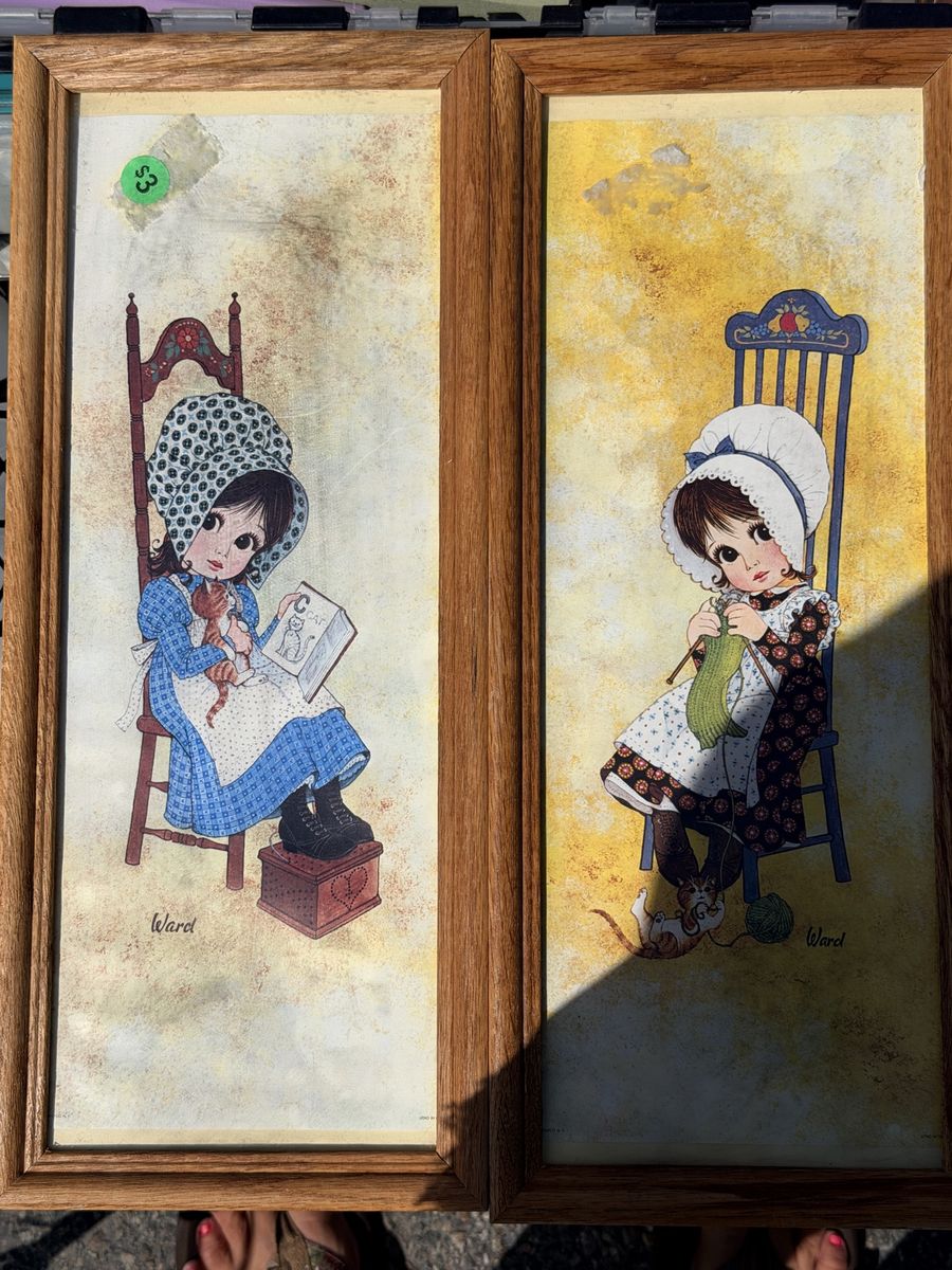 Vintage Ward Framed Prints Set of Two Young Girls with Cats