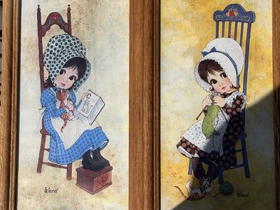 Vintage Ward Framed Prints Set of Two Young Girls with Cats