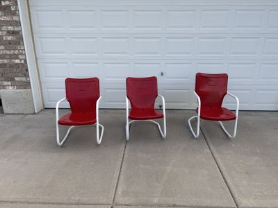 Mid Century modern Red Metal Rocking Patio Chairs Set of 3