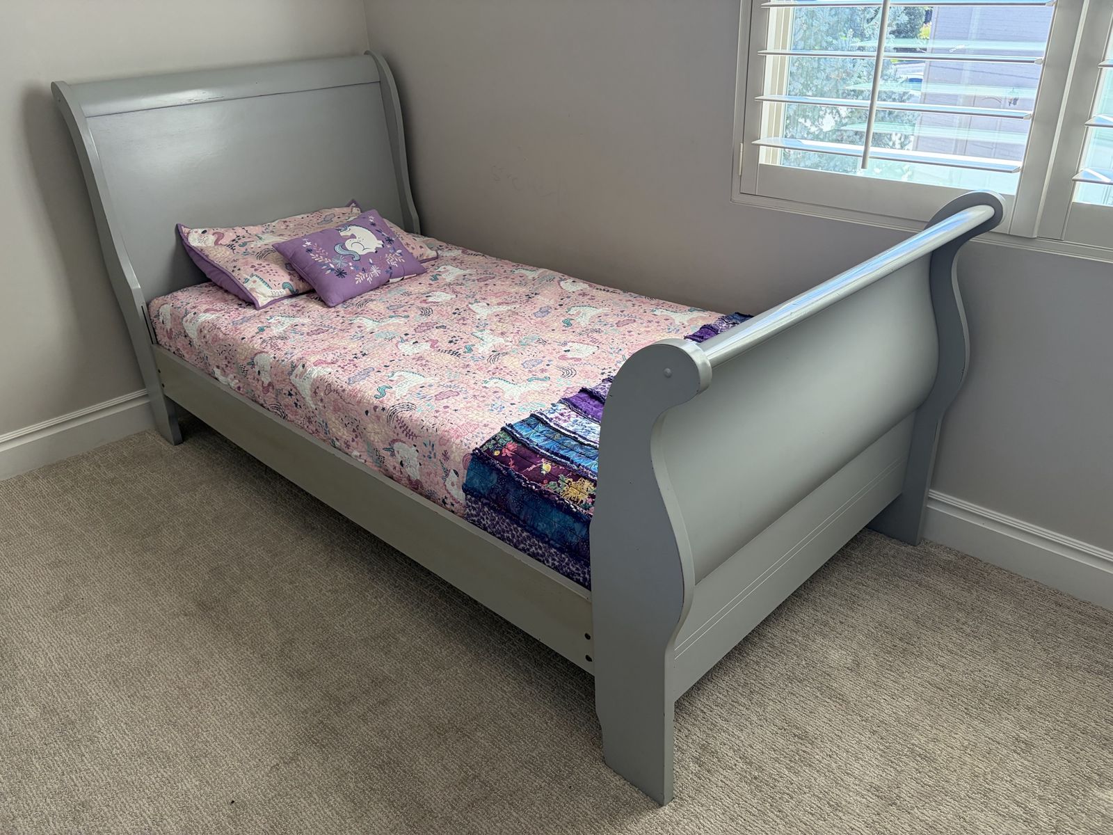 Gray Sleigh Bed Frame Twin Size with Wooden Slats