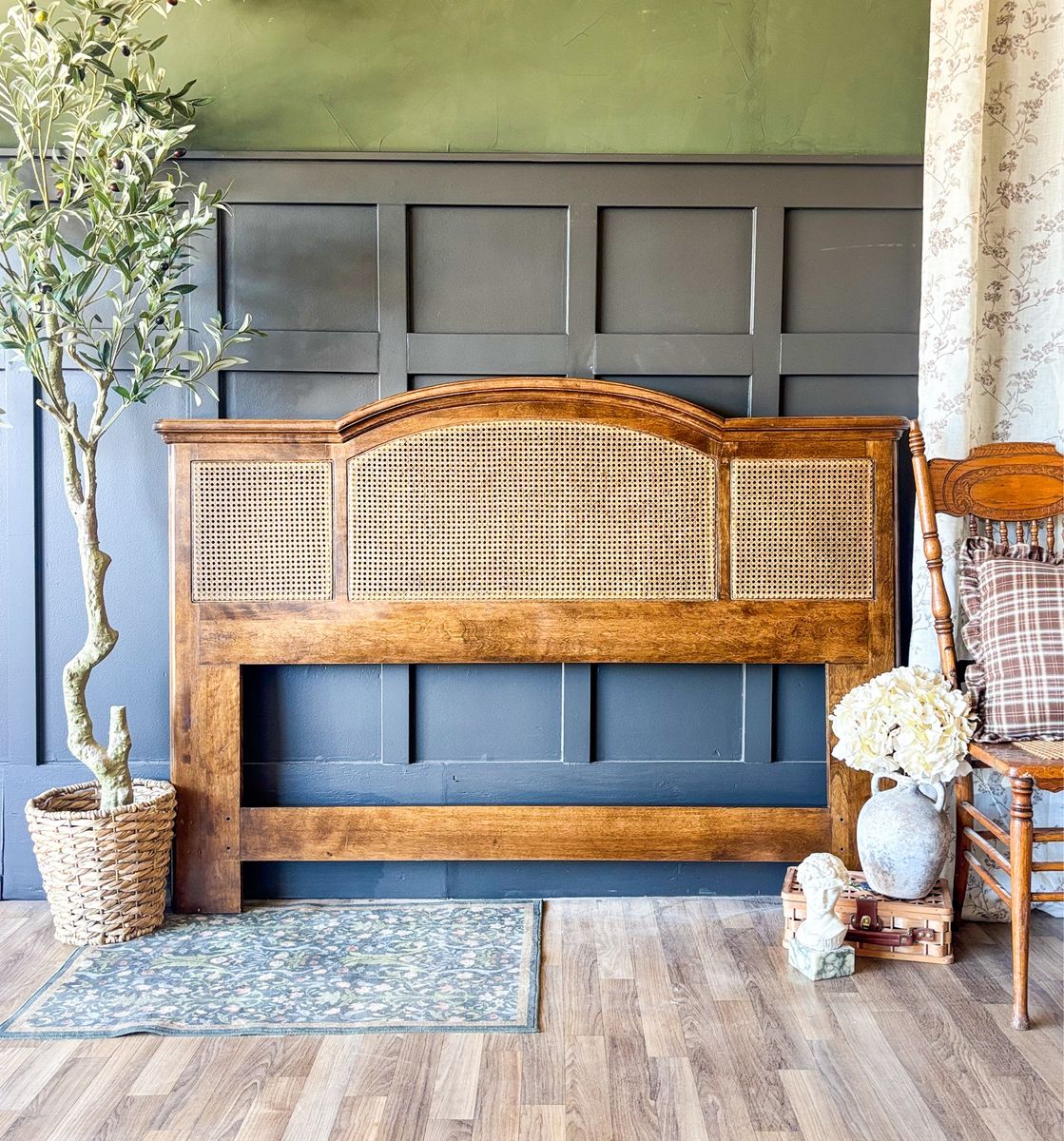*FREE DELIVERY* Vintage Wood & Cane Queen Headboard
