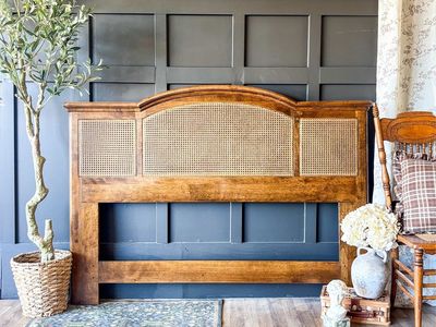 *FREE DELIVERY* Vintage Wood & Cane Queen Headboard