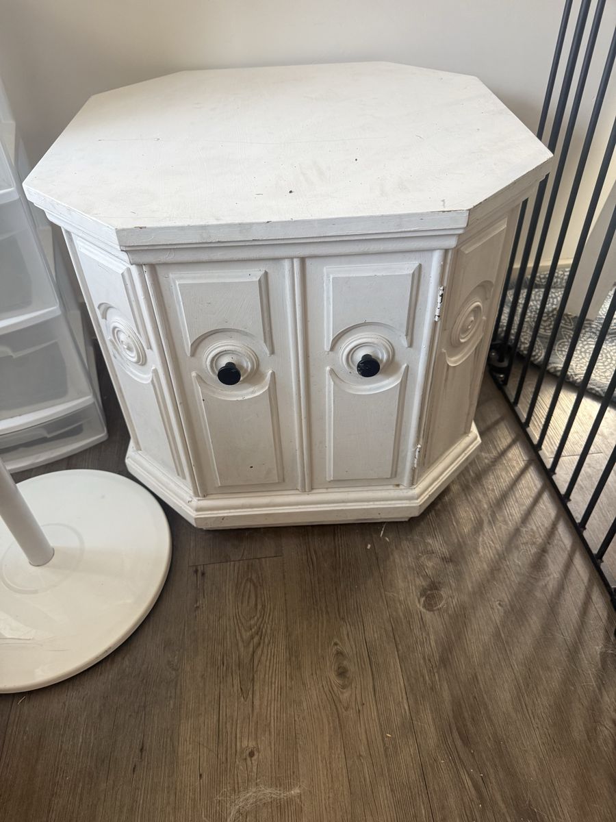 White Hexagon Accent End Table with Cabinet Storage