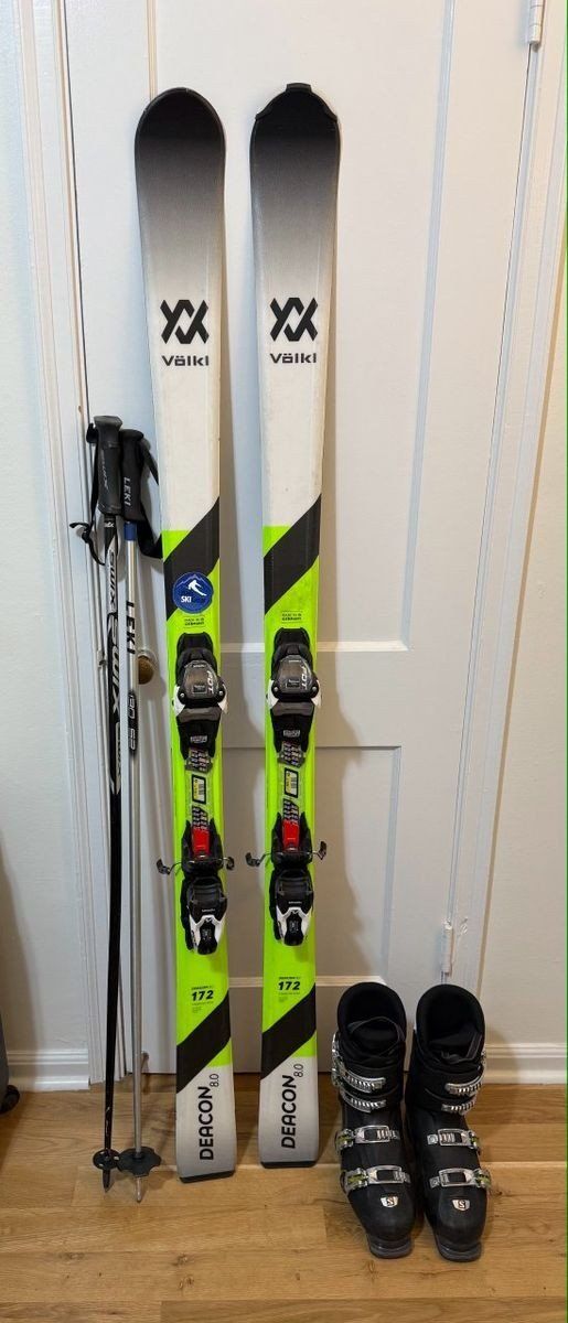 Volkl Deacon 8.0 (172cm) Skis with Boots (Size 27-27.5) & Poles