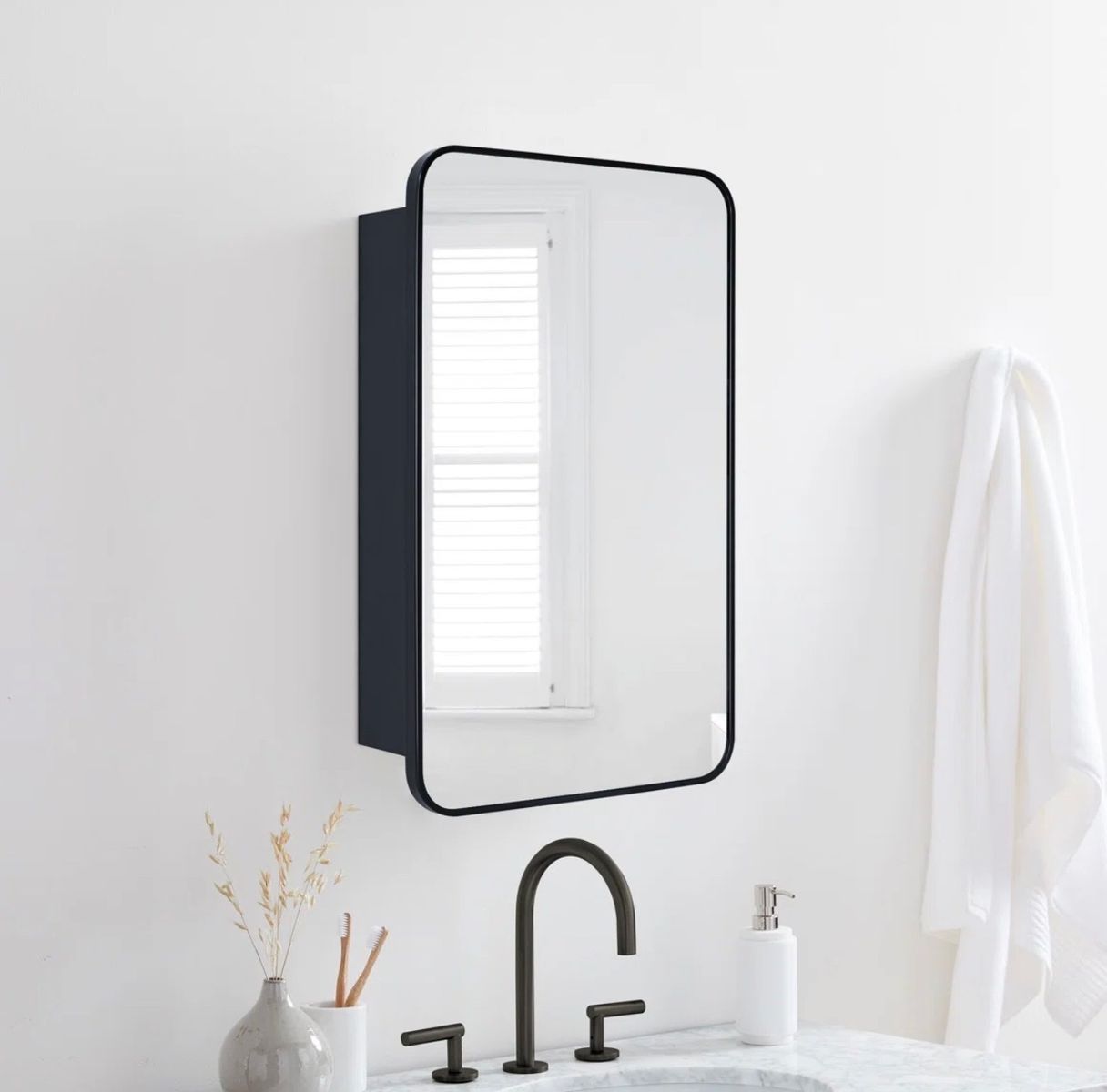 Black Framed Rectangular Medicine Cabinet with Mirror and Glass Shelves