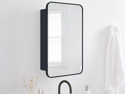 Black Framed Rectangular Medicine Cabinet with Mirror and Glass Shelves