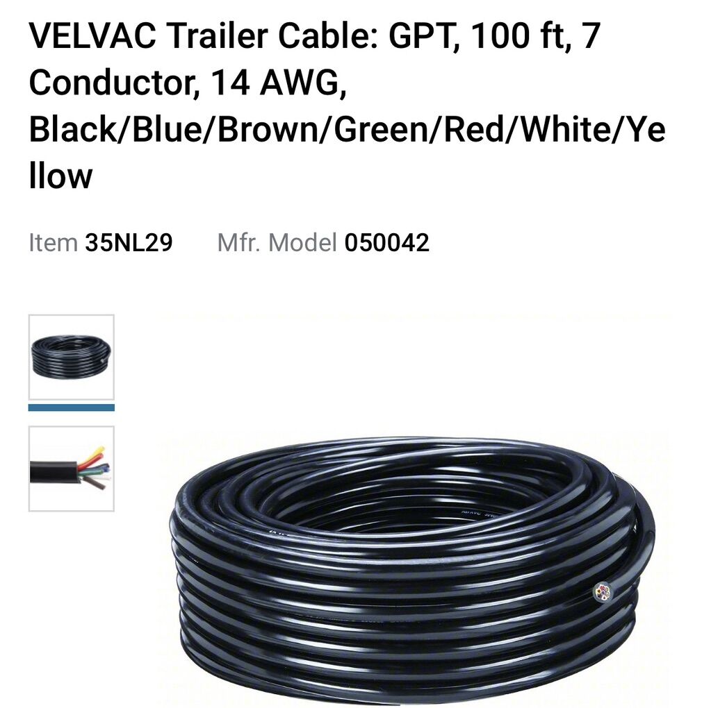 VElvac Trailer, Electrical Cable 100 Foot 7 Wire