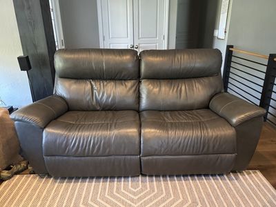 Lazy Boy Luxurious Dark Gray Leather Reclining Loveseat with Built-in USB Charging Ports - Excellent Condition