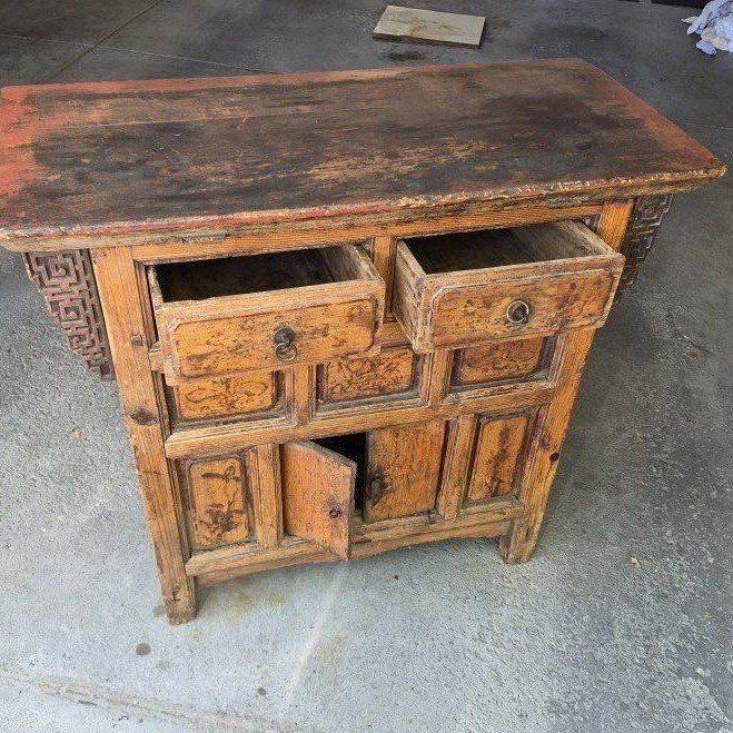 Chinese Altar Cabinet Sideboard - Ornate Carvings & Drawers, Distressed Finish