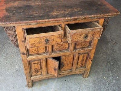 Chinese Altar Cabinet Sideboard - Ornate Carvings & Drawers, Distressed Finish