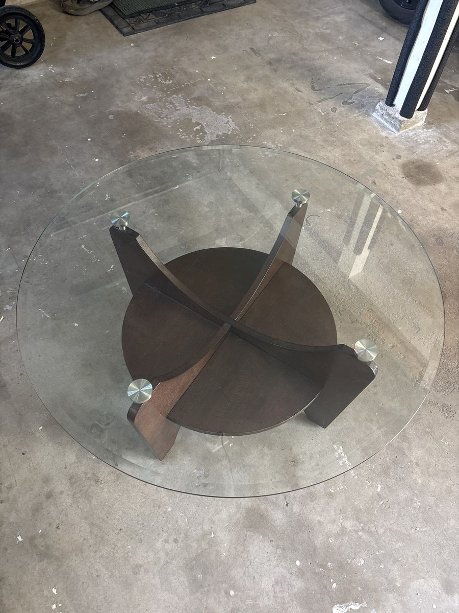 Round Glass Top Coffee Table with Dark Wood Base