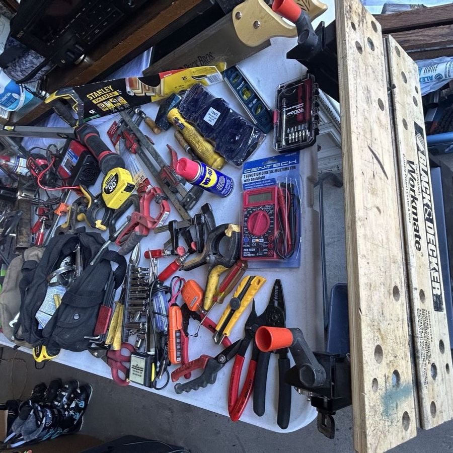 Lot of Various Hand Tools, Work Bench, Clamps, Chisels, Electrician's Tools & More