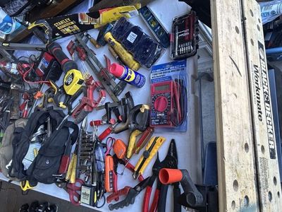 Lot of Various Hand Tools, Work Bench, Clamps, Chisels, Electrician's Tools & More