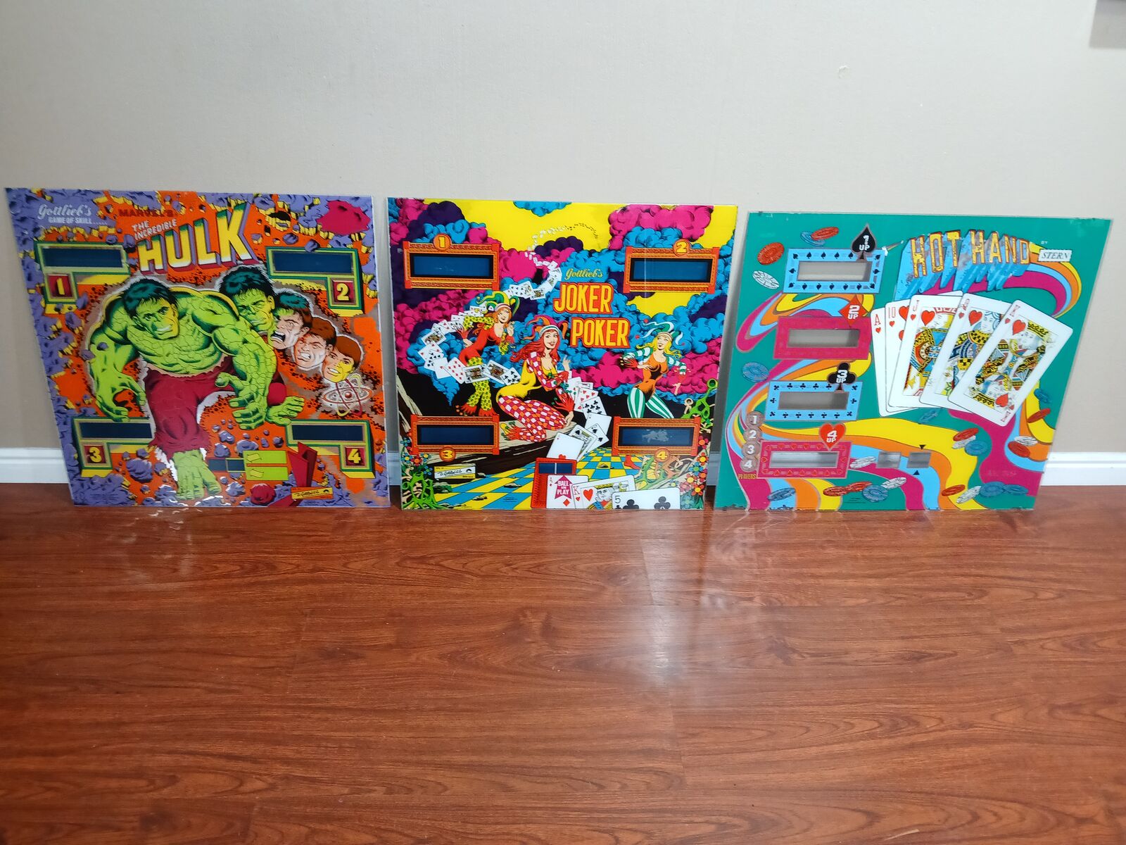 Lot of 3 Pinball Backglasses: HULK JOKER POKER HOT HAND (Decoration Wall Art)