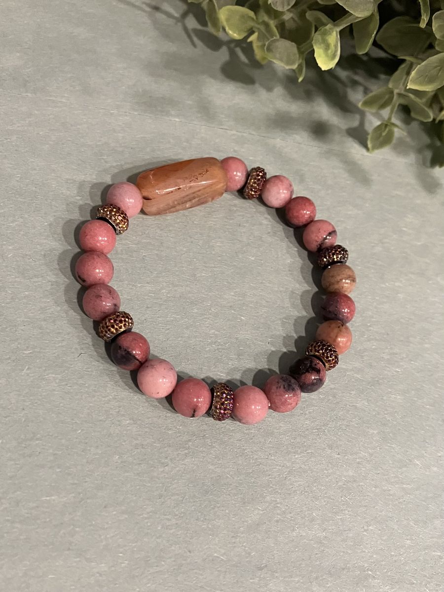 Rhodonite & Carnelian Gemstone Beaded Stretch Bracelet