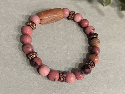 Rhodonite & Carnelian Gemstone Beaded Stretch Bracelet