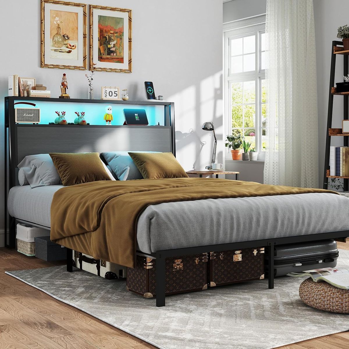 RVONOW Queen Size Bed Frame with 2-Tier Storage Headboard, Dark Grey Wooden headboard with LED lights, built-in charging station