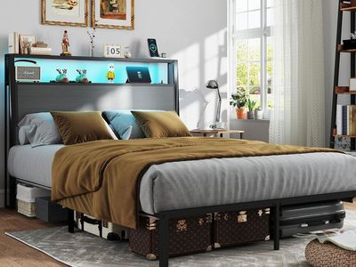 RVONOW Queen Size Bed Frame with 2-Tier Storage Headboard, Dark Grey Wooden headboard with LED lights, built-in charging station