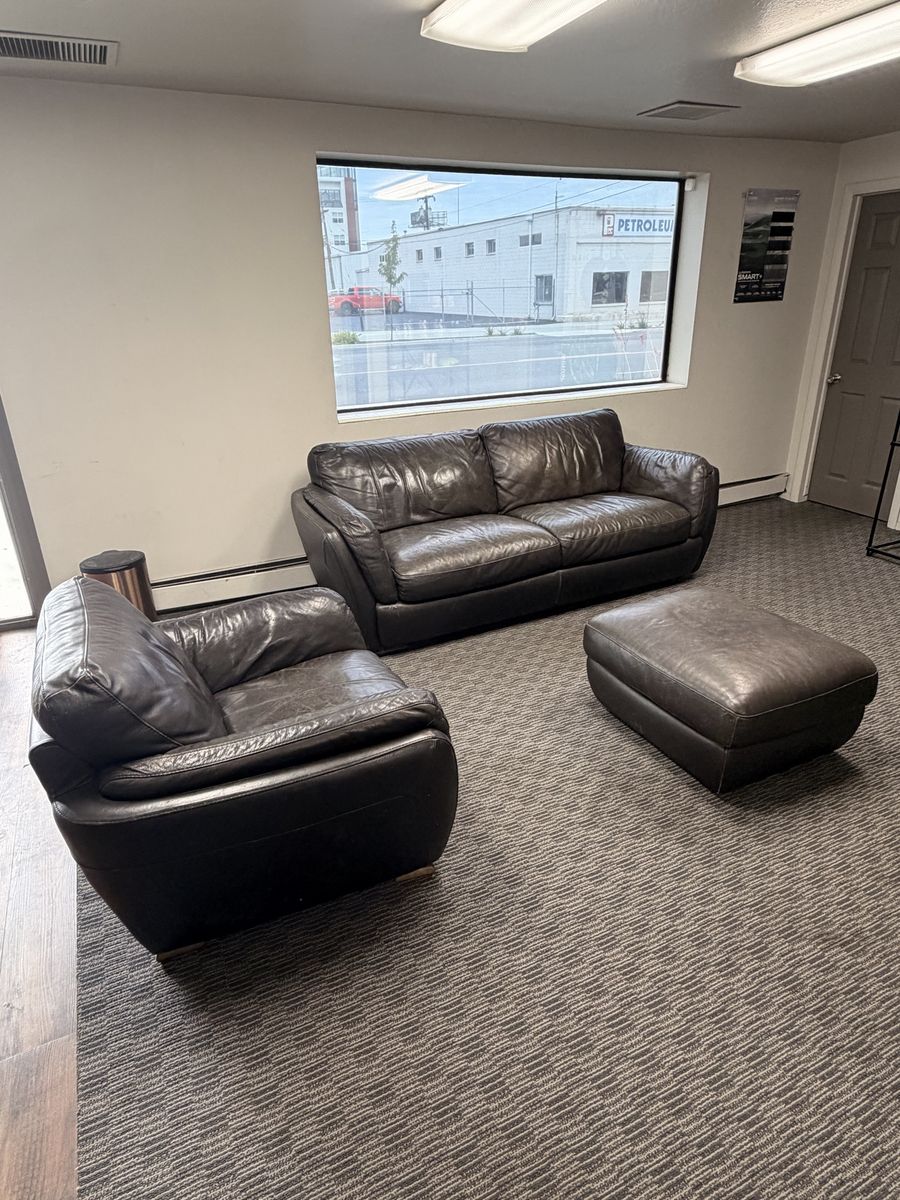 Brown Leather Sofa, Armchair, and Ottoman Living Room Set