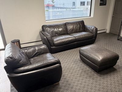 Brown Leather Sofa, Armchair, and Ottoman Living Room Set