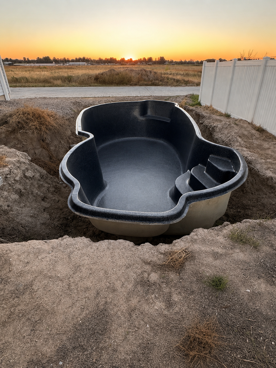 Latham Freeport Fiberglass Pool Shell 12x25 — Never Filled, On Trailer