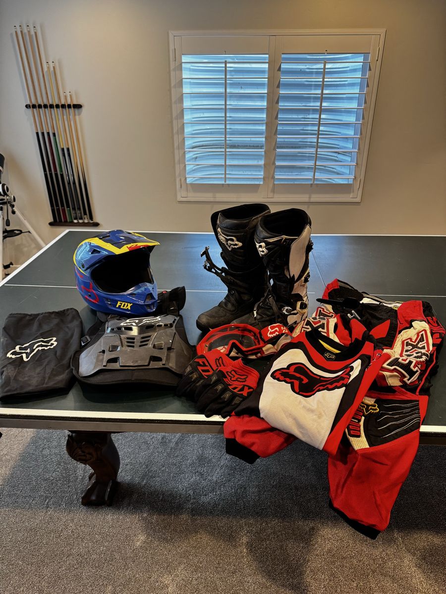 Riding Gear Helmet, Boots, Chest Protector, Jersey, Pants, Goggles