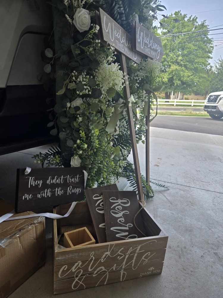 Rustic Wedding Decor Lot - Wooden Directional Signs, Faux Greenery Garland & Vases