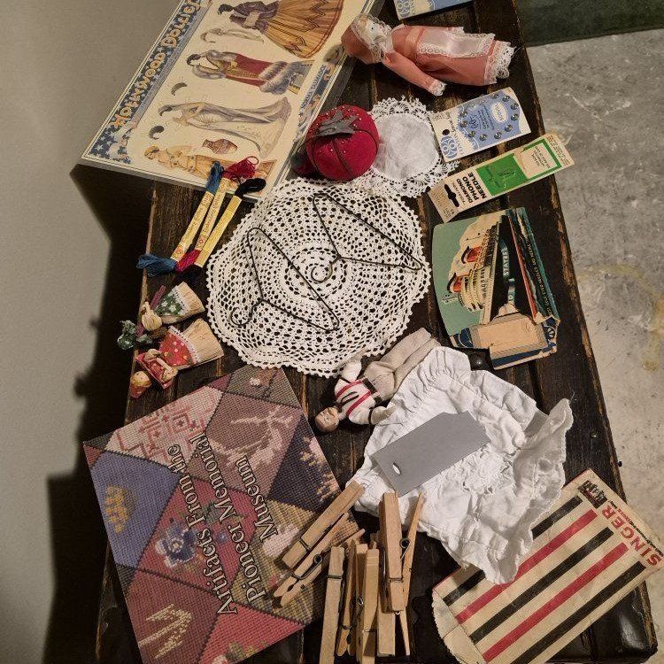 Vintage Sewing Collectibles Lot: Hollywood Dolls, Singer, Doilies, Needles, Clothespins