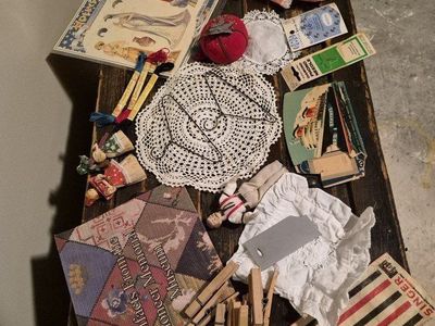Vintage Sewing Collectibles Lot: Hollywood Dolls, Singer, Doilies, Needles, Clothespins