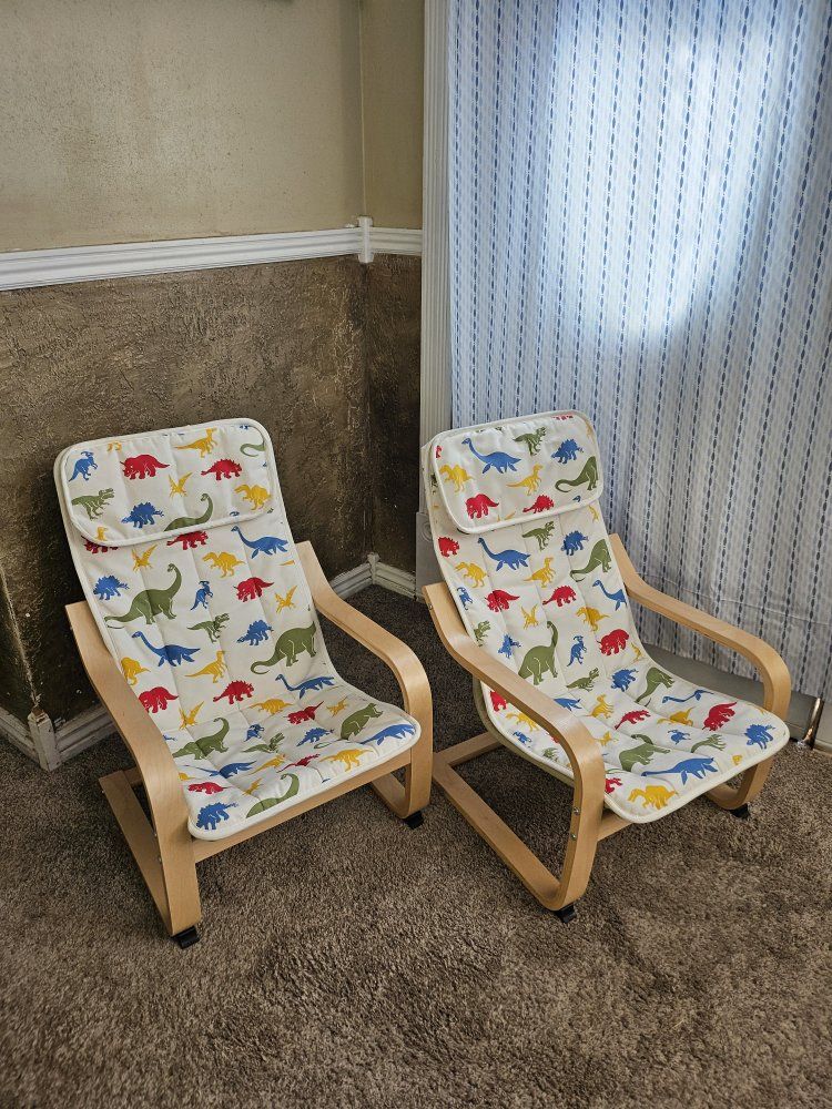 2 IKEA POÄNG Kids Armchair, Birch Veneer, Dinosaur Pattern Cushion, Comfortable Children's Chairs