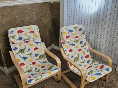 2 IKEA POÄNG Kids Armchair, Birch Veneer, Dinosaur Pattern Cushion, Comfortable Children's Chairs