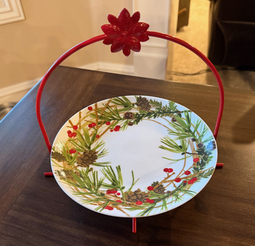 Festive Christmas Plate with Red Stand Cookie Serving Dish, NEW