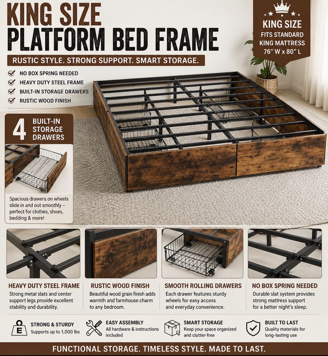 King Size Platform Bed Frame with 4 Built-in Storage Drawers - Rustic Wood & Heavy Duty Steel