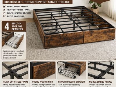 King Size Platform Bed Frame with 4 Built-in Storage Drawers - Rustic Wood & Heavy Duty Steel