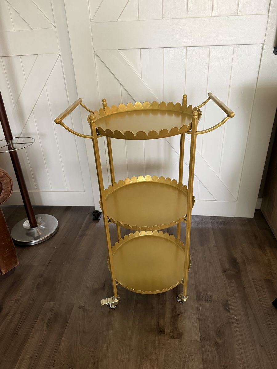 Gold 3-Tier Round Scalloped Serving Cart with Wheels, Bar Cart, Tea Cart