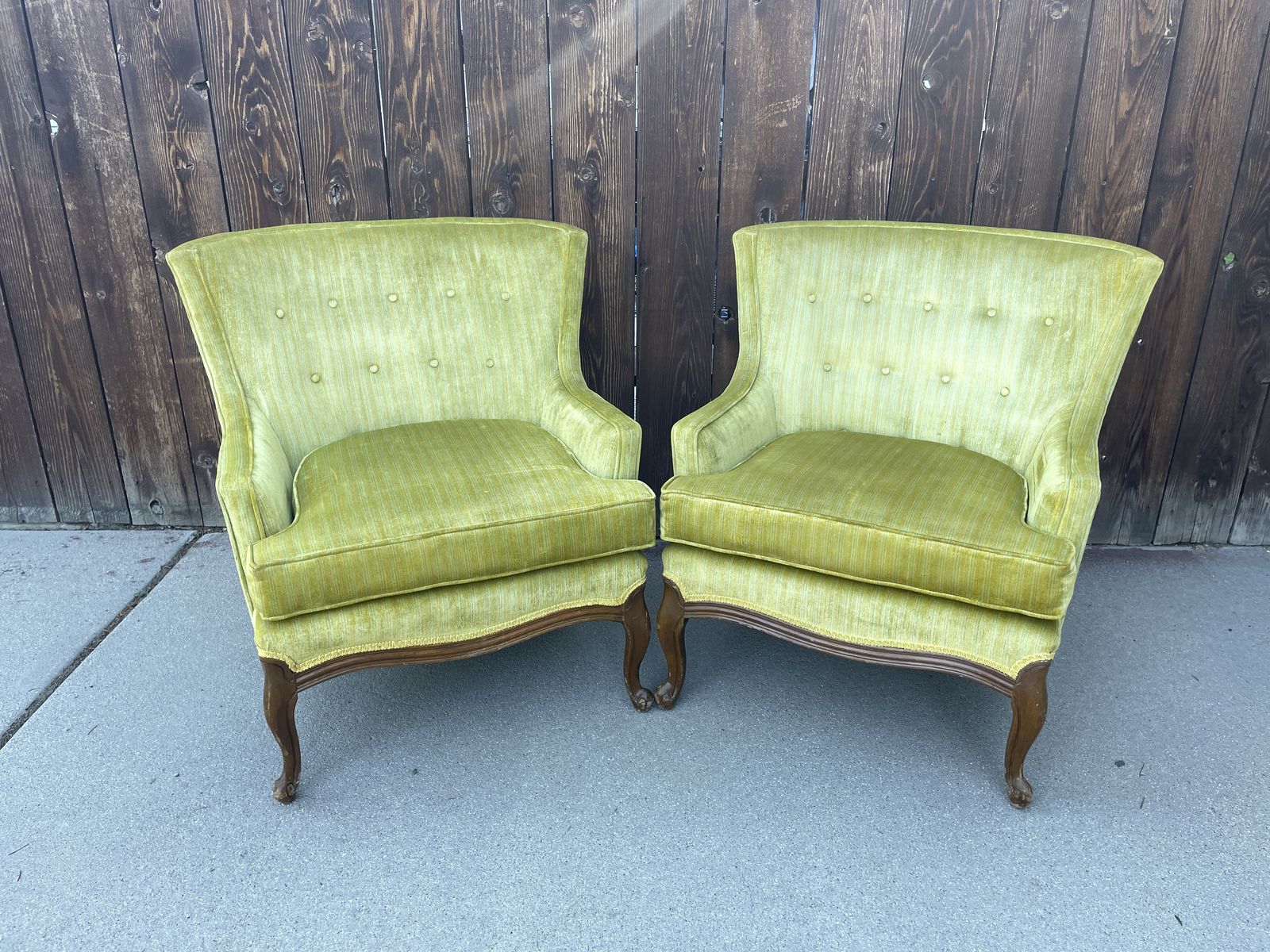Vintage Velvet Wingback Chairs - Pair, Original Chartreuse Green Upholstery