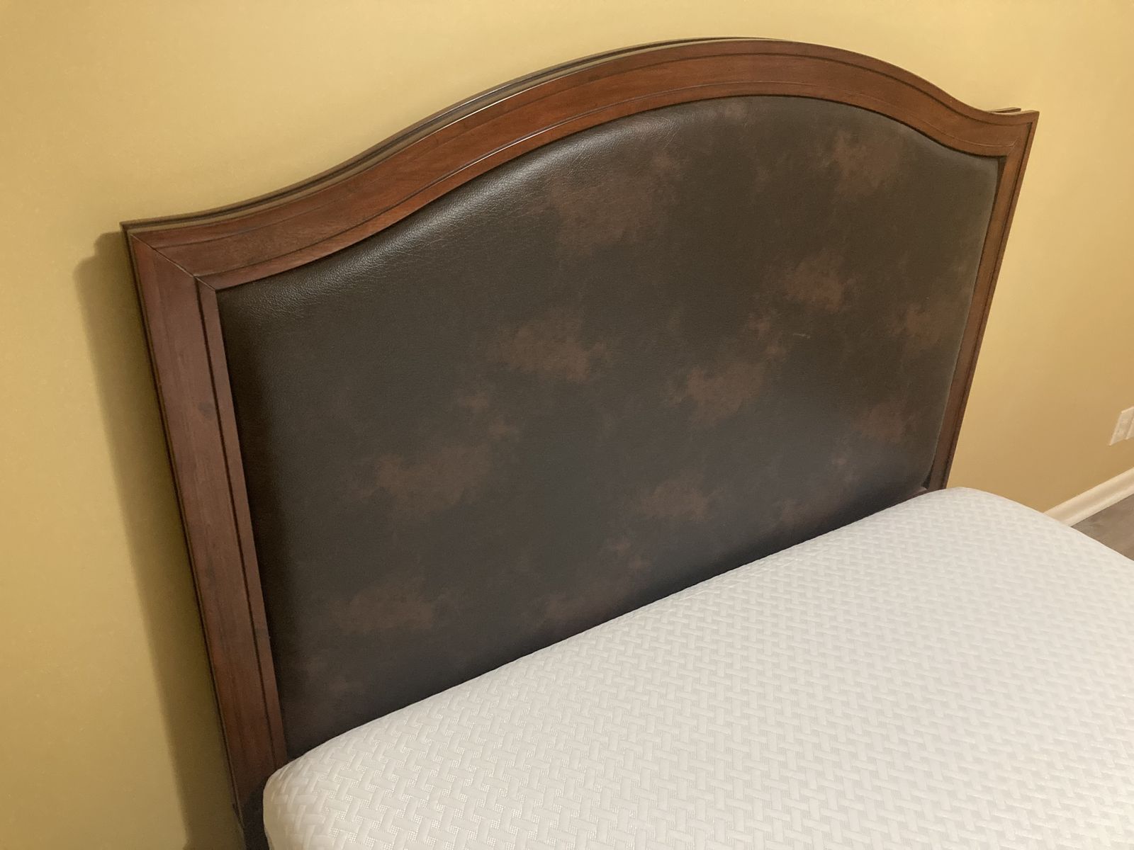 Queen Bed frame, mattress, and Faux leather headboard