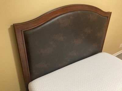 Queen Bed frame, mattress, and Faux leather headboard